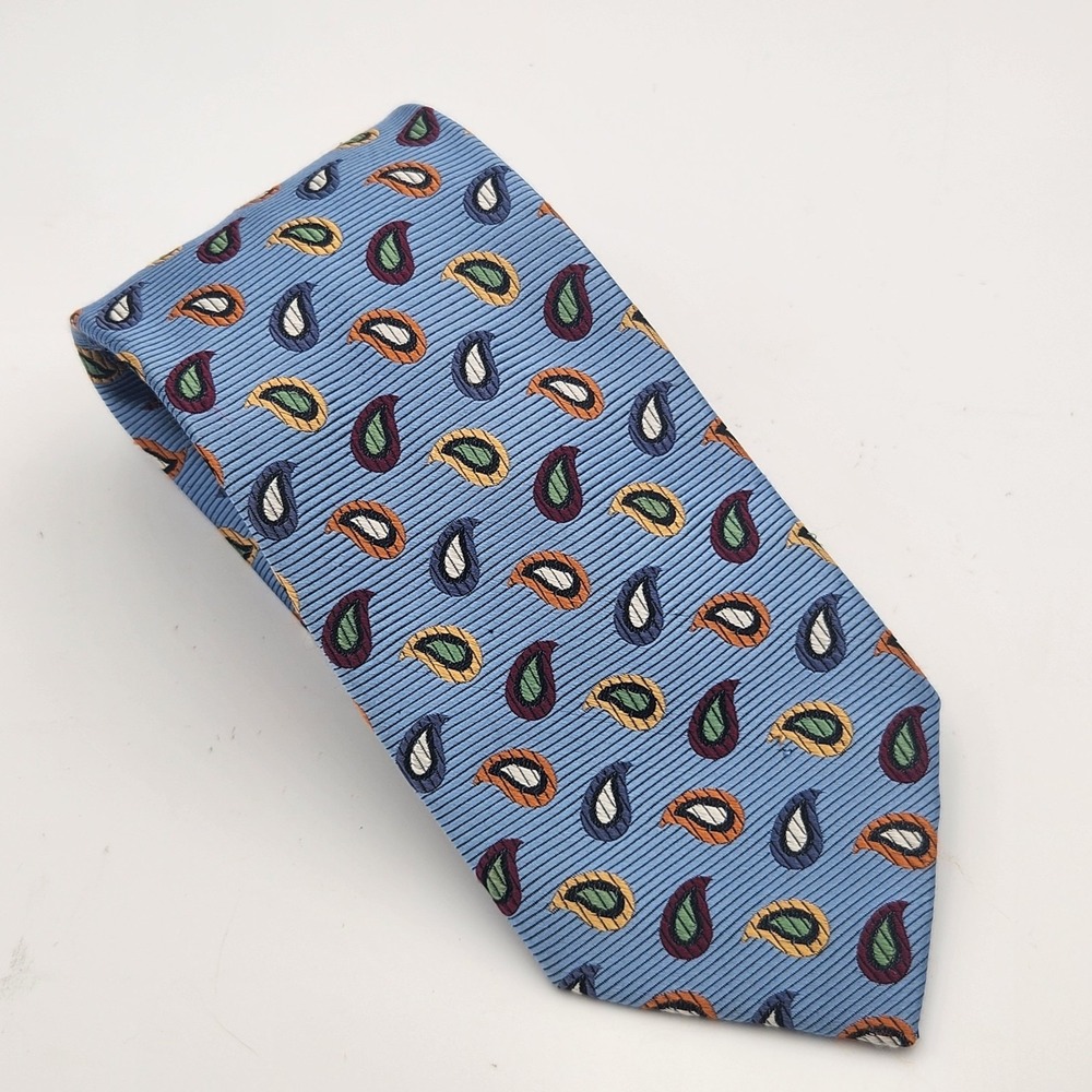 Jos A Bank Signature Gold Silk Necktie Tie Blue Multi Colored Paisley Shapes